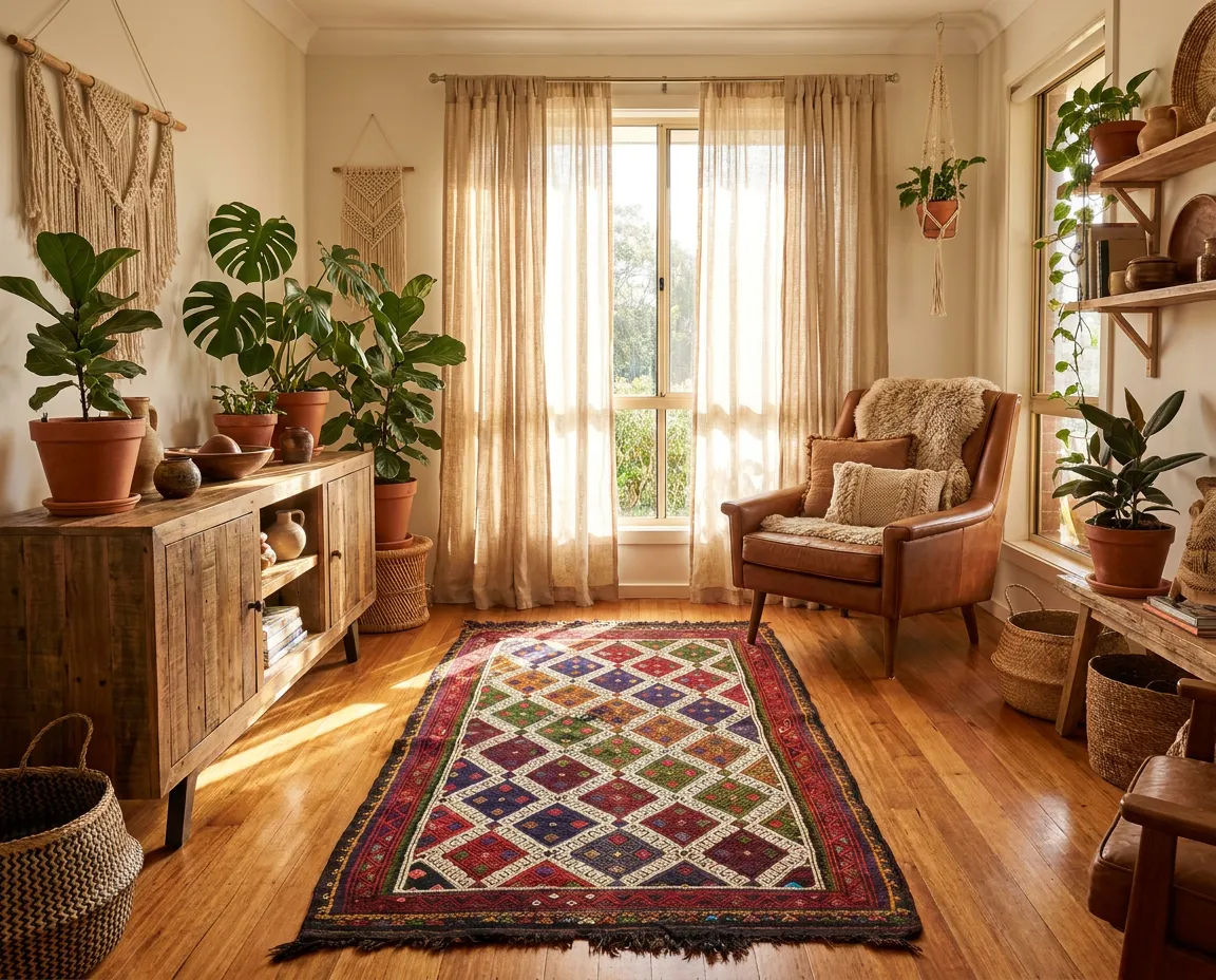 A Karapınar cicim rug on oak boards in a sunlit room with plants, a leather armchair and woven baskets